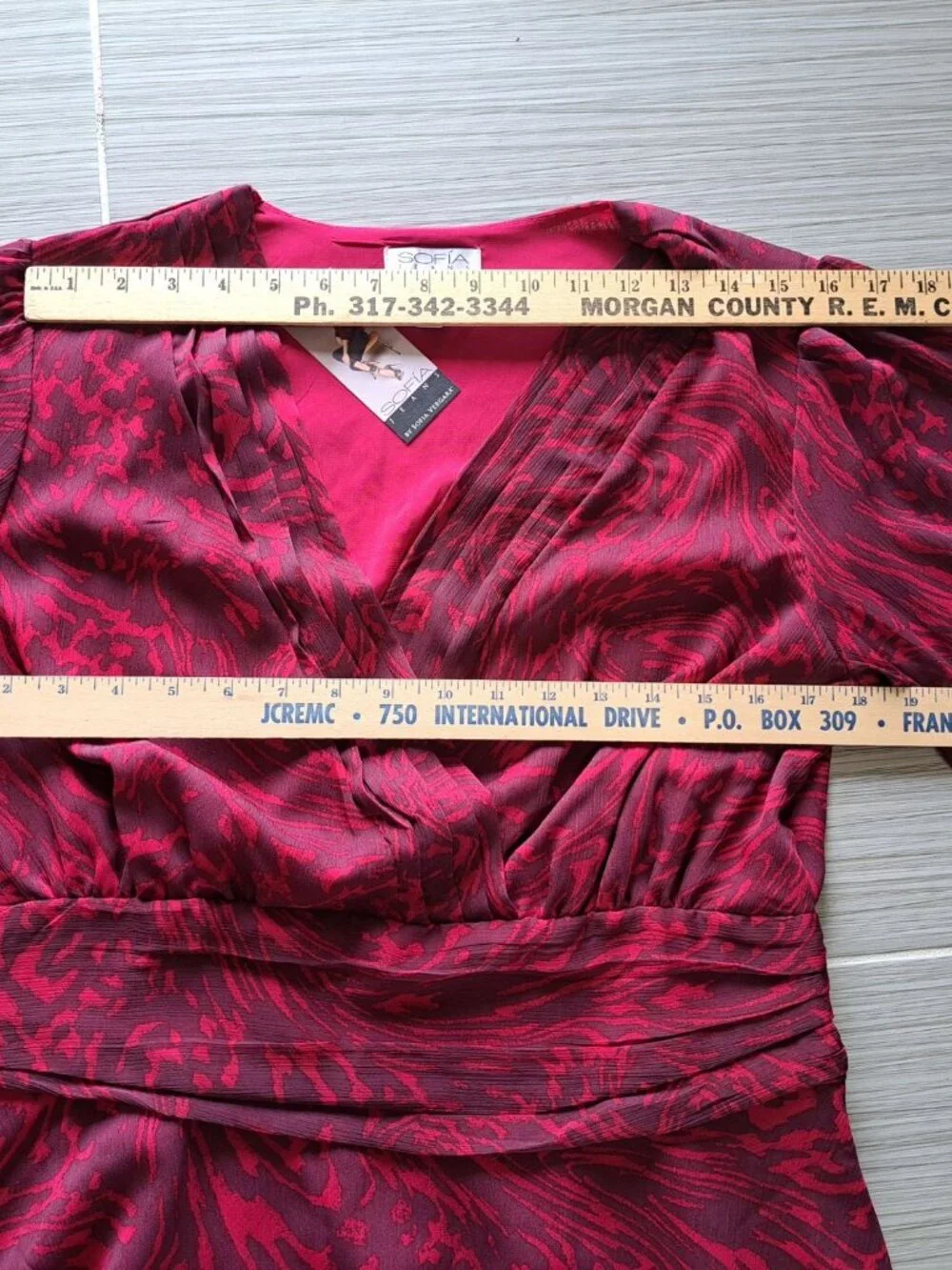 New Sofia Vergara Womens Red V-Neck Wrap Blouse Baloon Long Sheer Sleeves Large - Picture 9 of 11